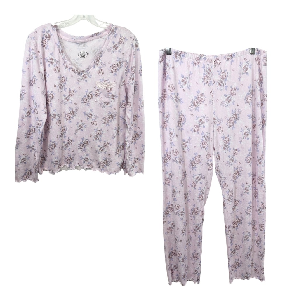 Laura Ashley Large Pajama Set Pink Floral Lettuce Hem Soft Girl Cottagecore 559